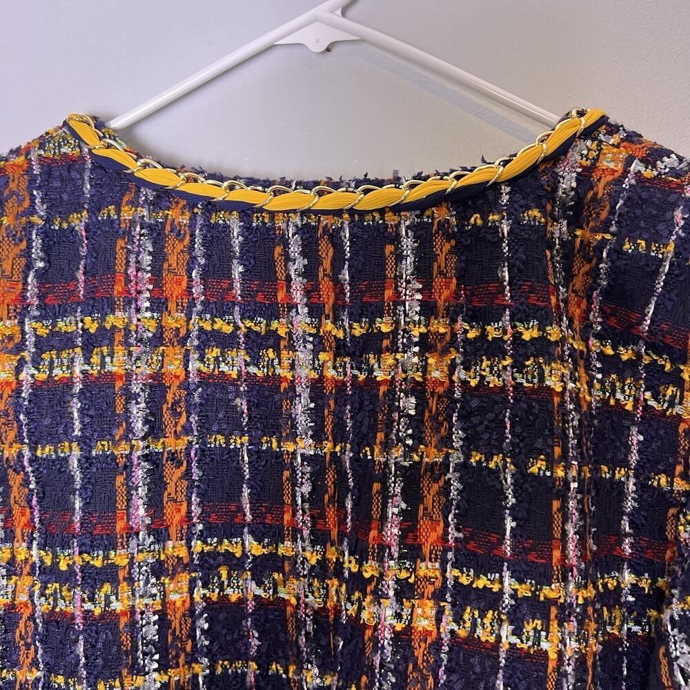 Chico's multicolor plaid tweed open-front jacket yellow braided trim Sz L - Picture 13 of 15